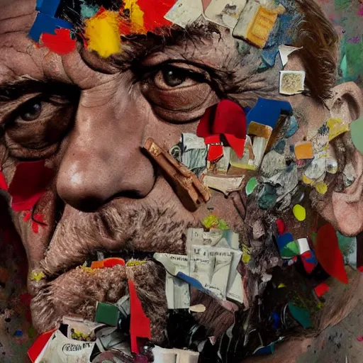 Image similar to hyperrealistic, photorealistic, mixed media oil painting of charles bukowski, magazine scraps, plaster, blood, oil, mustard, cigarettes, splatter, trending on artstation, award - winning painting, greg rutkowski, basquiat, ralph steadman, terry gilliam