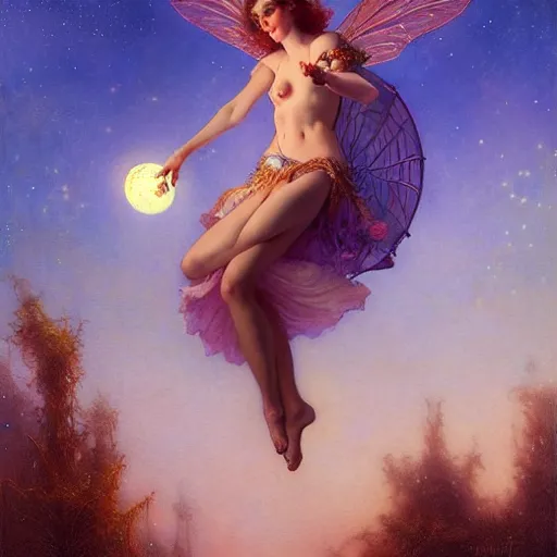 Image similar to attractive fairy magically floating high in the night, fantasy, full moon in background. highly detailed painting by gaston bussiere, craig mullins, j. c. leyendecker, mid shot, 8 k