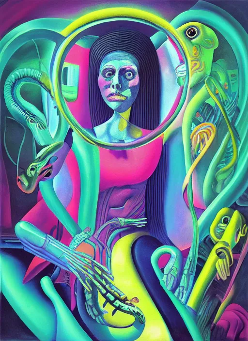 Prompt: “A surreal neon painting of a woman’s face and a snake futuristic picasso rooms in 3 point perspective by hr giger and Vladimir kush and dali and kandinsky, 3d, realistic shading, complimentary colors, vivid neon colors, aesthetically pleasing composition, masterpiece, 4k, 8k, ultra realistic, super realistic”