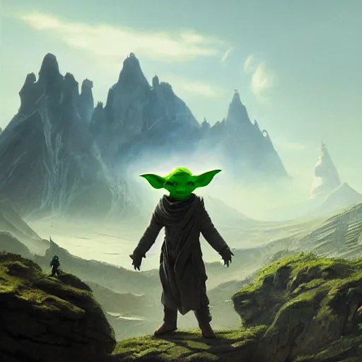 Prompt: Yoda wearing sunglases, matte painting by Greg Rutkowski