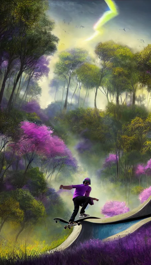 Prompt: A skateboarder going downhill towards a magical portal and purple trees in the distance, abandoned city with graffiti, sweat drops, insane, intricate, highly detailed, oil painting, smooth, sharp focus, Unreal Engine 5, 8K, art by Diego Velázquez