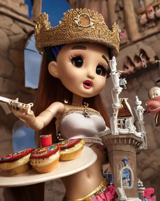 Image similar to highly detailed closeup, face profile portrait of a tin toy ariana grande as a medieval girl eating cakes in a castle, bikini, depth of field, nicoletta ceccoli, mark ryden, lostfish, dan decarlo, bob clampett, max fleischer, detailed and intricate environment, 8 k resolution, hyperrealistic, octane render