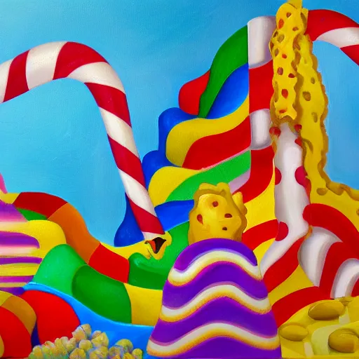 Image similar to candyland, oil and acrylic on canvas, surrealism, high detail