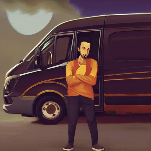 Image similar to a frowning creative director in front of a sprinter van, illustration by jordan grimmer and greg rutkowski