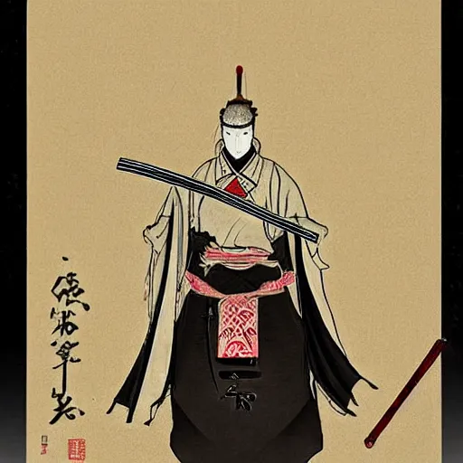 Image similar to a beautiful White cloaked Samurai Warrior with Sword Drawn by Mitsuru Adachi