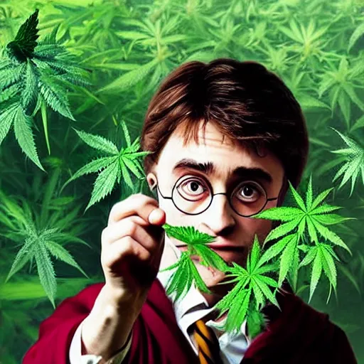 Image similar to harry potter surrounded by green dense weed kush plants, smoke in front, smoke behind, smoke background, red eyes, smoking weed