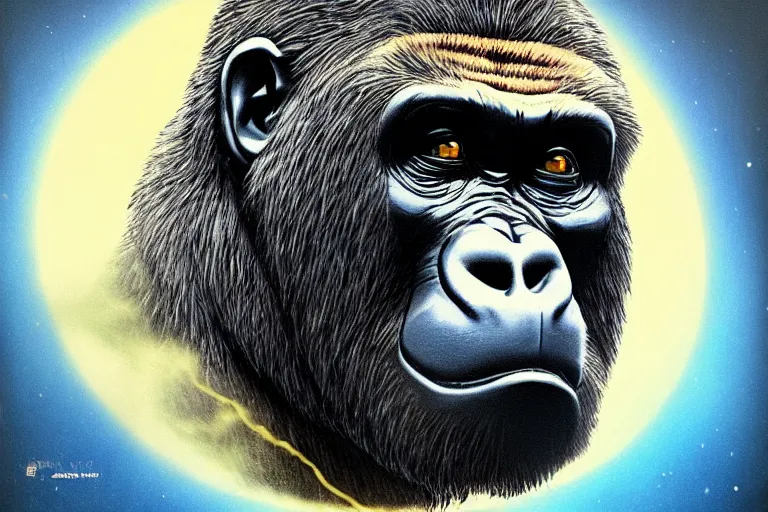 Image similar to gorilla cursed by the cave crest, in the style of alan gutierrez and alexander leydenfrost, trending on artstation, moon light microscopic view colored pencil art, movie poster, symmetrical, tintype photo, oil painting