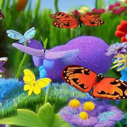 Prompt: disney pixar's a bug's life, cgi funny butterflies, furry flowers