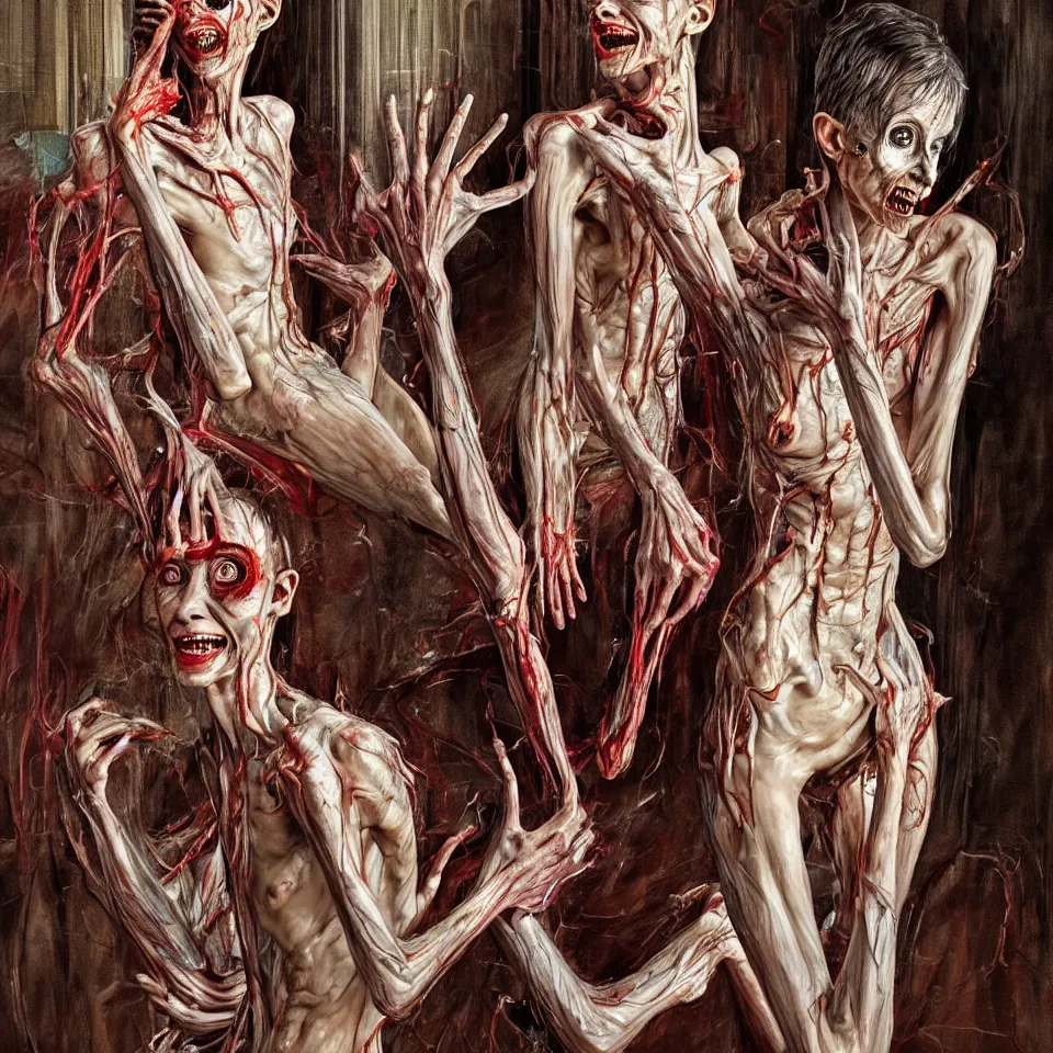 Image similar to bright realistic anorexic cult turning into gods and deamons and smiling franticly, old apartment, rotten flesh, diffuse lighting, fantasy, intricate, elegant, highly detailed, lifelike, photorealistic, digital painting, artstation, illustration, concept art, smooth, sharp focus, art by francis bacon and jenny saville