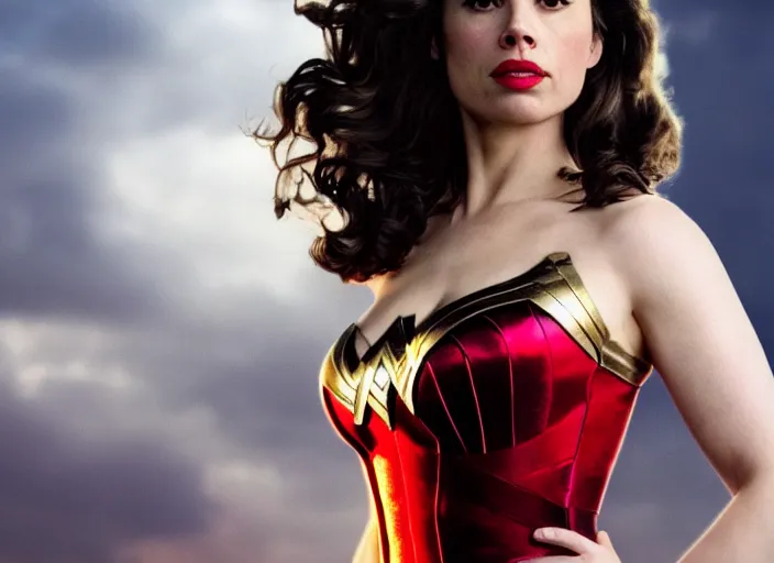 Prompt: film still of hayley atwell as wonder woman, pinup, glamour pose, cartoon, 8 k