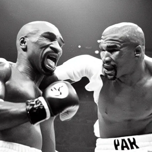 Prompt: tupac fighting mike tyson in the ring