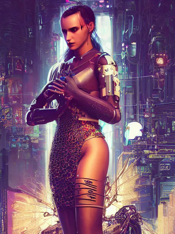 Image similar to a cyberpunk 2077 illustration portrait of A veiled female android queen kneel and pray with lots of complex mess of cables and wires behind them connected to giant computer,bowknot, fine lace, GUCCI, glittering, jewel embellishment, film lighting, by Artgerm,Lawrence Alma-Tadema,William Morris,Dan Mumford, trending on atrstation, full of color, mythological, high detailed,golden ratio,cinematic lighting