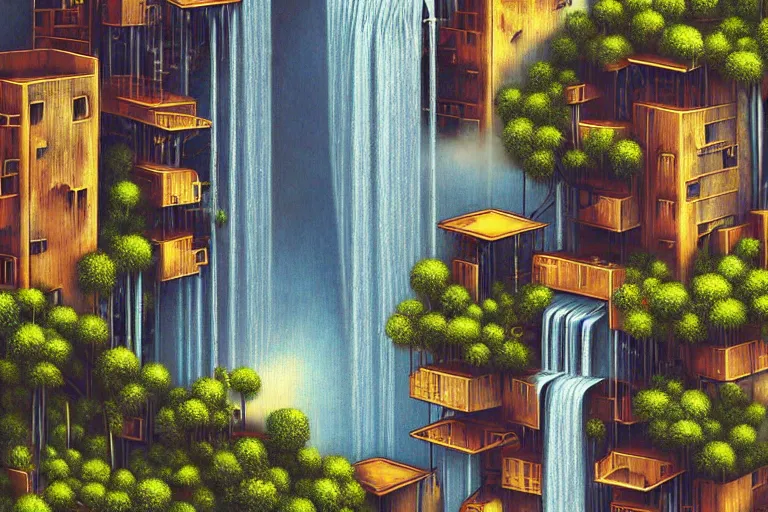 Prompt: brutalist waterfall favela honeybee hive, art nouveau environment, magma, industrial factory, award winning art, epic dreamlike fantasy landscape, ultra realistic,