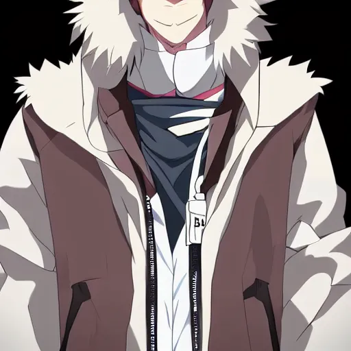 Image similar to key anime visual portrait of an anthropomorphic anthro wolf fursona, in a jacket, with handsome eyes, official anime art