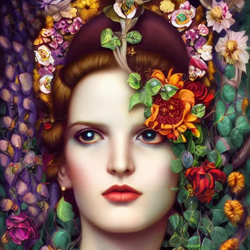 Image similar to dynamic composition, a painting of woman with hair of summer flowers and vines wearing ornate earrings,, ornate gilded details, a surrealist painting by tom bagshaw and jacek yerga and tamara de lempicka and jesse king, featured on cgsociety, pop surrealism, surrealist, dramatic lighting, wiccan, pre - raphaelite