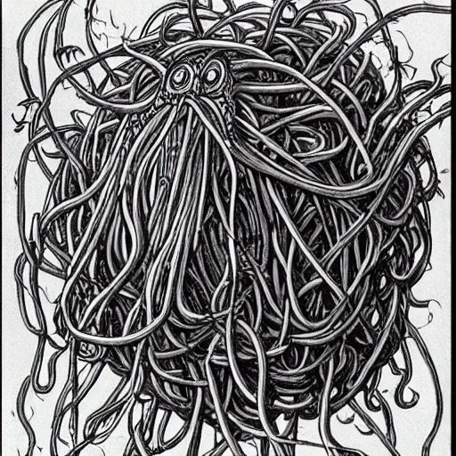 Prompt: !dream a cinematic scene of the giant smiling flying spaghetti monster going over 1969 seattle,