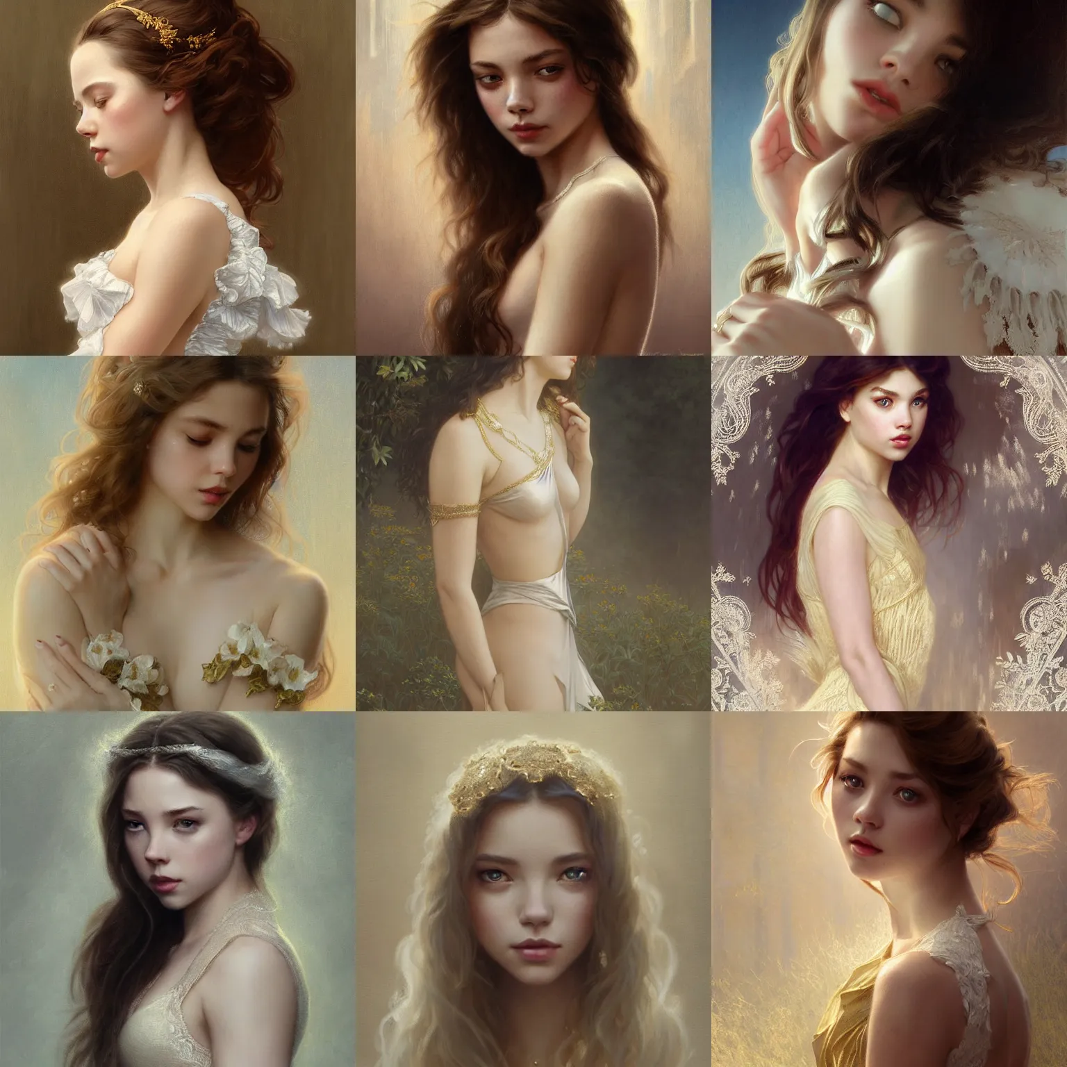 Prompt: sydney sweeney, white lace clothing, gold accessories, elegant, highly detailed, digital painting, matte, sharp focus, art by artgerm, greg rutkowski, alphonse mucha, frank frzetta, boris vallejo, bouguereau, cinematic