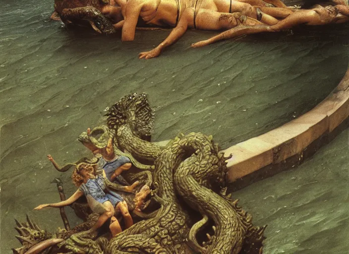 Image similar to photo of wet slimy godzilla attacking the raft of the medusa, by lawrance alma - tadema by roger corman by richard corben by rick baker, fujifilm velvia 5 0. masterpiece, intricate, hyper realism, high detail, octane render, unreal engine, 8 k
