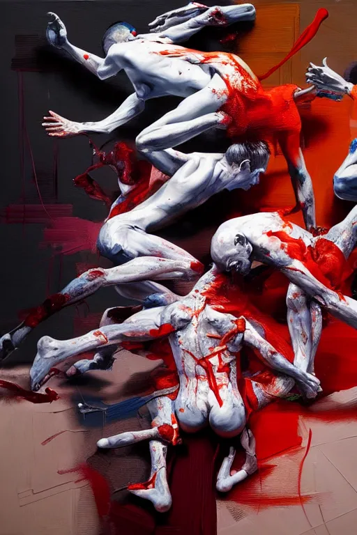 Prompt: bodies entwined in a fight, extremely intricate and detailed, by painted by francis bacon, conor harrington, adrian ghenie, and james jean. 8 k cinematic lighting, hyper realism