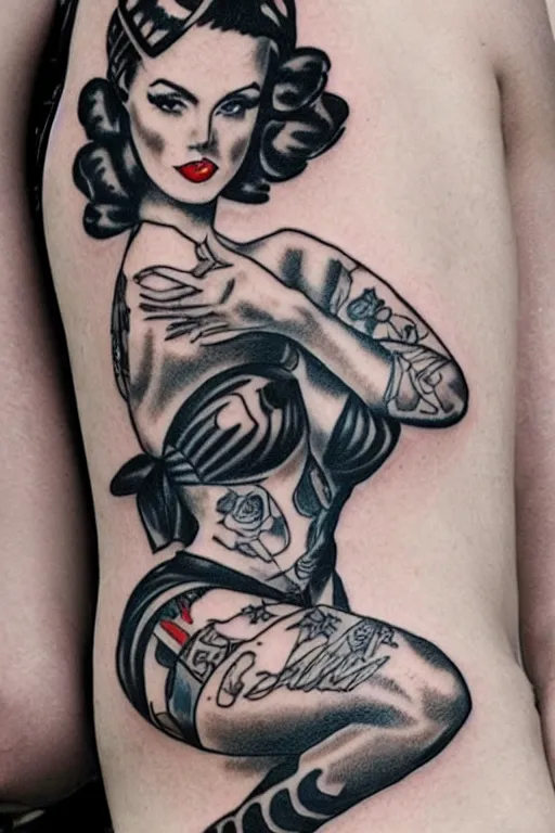 traditional American tattoo of a pinup girl pinup  Stable Diffusion   OpenArt