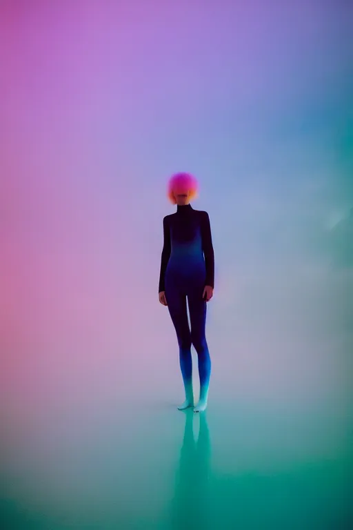 Image similar to high quality pastel coloured film close up wide angle photograph of a model wearing clothing swimming on cloud furniture in a icelandic black rock!! environment in a partially haze filled dreamstate world. three point light, rainbow. photographic production. art directed. pastel colours. volumetric clouds. pastel gradient overlay. waves glitch artefacts. extreme facial clarity. 8 k. filmic.