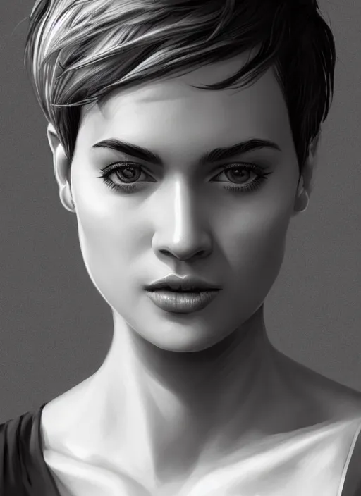 Image similar to up close portrait of a beautiful woman in black and white, photorealistic, pixie cut, intricate hair, rule of thirds, art by diego fazio and diegoKoi and oscar Ukono, concept art, sharp focus, artgerm, 8k highly detailed