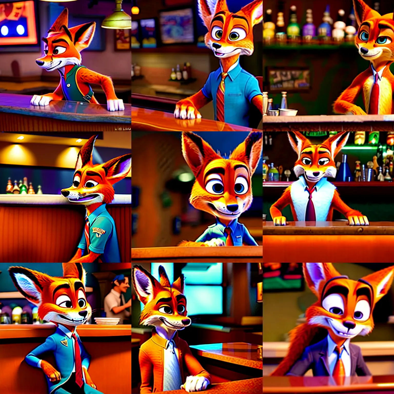 Prompt: Nick Wilde (from Zootopia) dressed in his usual outfit, sitting right across the bar from you.