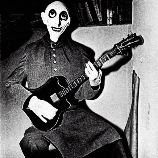 Image similar to bert jansch dresses as count orlok for halloween, playing guitar, photograph, 1 9 6 9