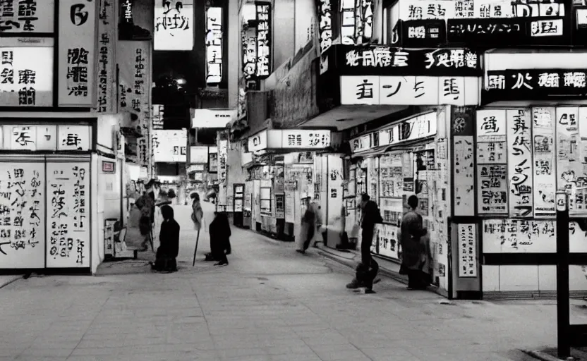 Prompt: japanese convenient store after midnight, 1 9 9 0 s, empty, television screens with static noise, bright fluorescent light