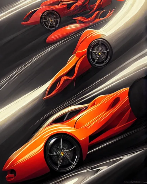 Prompt: Art nouveau Ferarri car, fantasy, intricate motion blur designs, elegant, highly detailed, sharp focus, art by Artgerm and Greg Rutkowski and WLOP