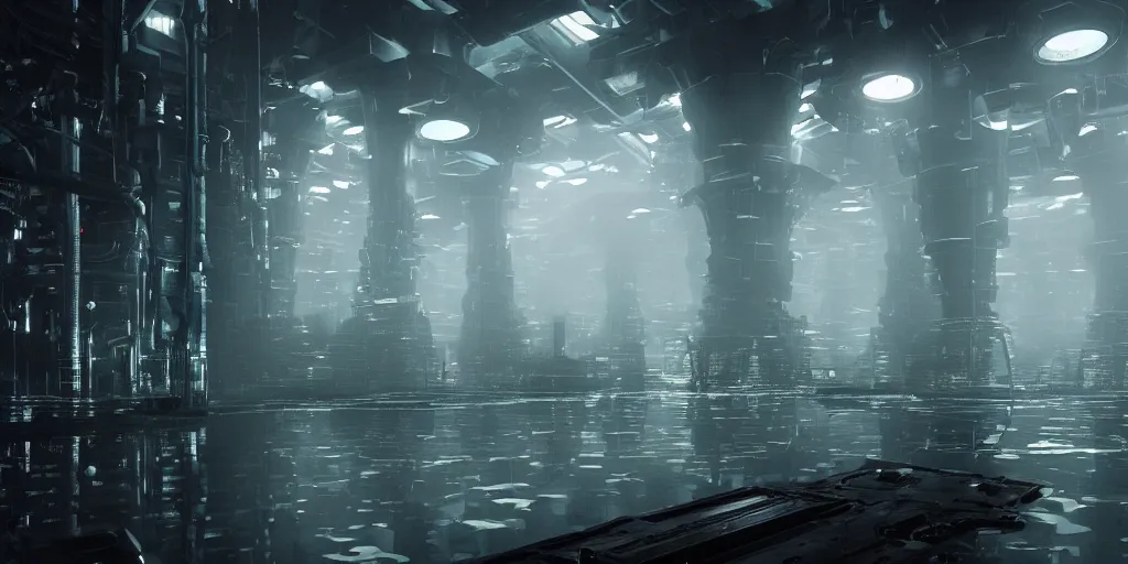 Image similar to a film still from the matrix by ian hubert - endless machine - built underground facility that controls atmosphere, water and power, scale of a city, water - logged, medium shot, waist up, bloom, dramatic lighting, behance, game environment design, artstation, deviant art,