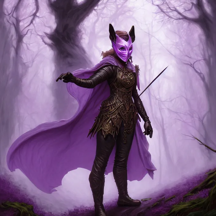 Image similar to masked d & d bard with her lilac leather armor in a forest, volumetric lighting, fantasy, intricate, elegant, highly detailed, lifelike, photorealistic, digital painting, artstation, fox ears illustration, concept art, sharp focus, by john collier and albert aublet and krenz cushart and artem demura and alphonse mucha