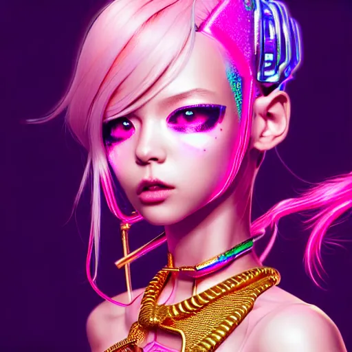 Prompt: hyperdetailed portrait of a stunningly beautiful pink cyberpunk cute girl made of metals and shiny iridescent gems, bright rainbow nimbus, gold necklace, smoke background inspired by ross tran and masamune shirow and kuvshinov, intricate, photorealistic, octane render, rtx, hdr, unreal engine, dnd digital art by artgerm