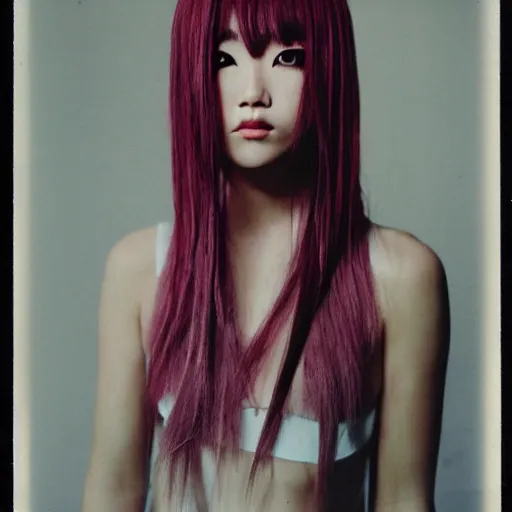 Image similar to atmospheric upper body polaroid photograph of female japanese model in emo makeup, long hair, fringe