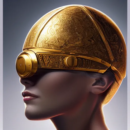 Image similar to mechanical gold vr headset, intricate, elegant, highly detailed, lifelike, digital painting, artstation, illustration, smooth, sharp focus, art by scott davidson, albert aublet, krenz cushart, artem demura, mucha