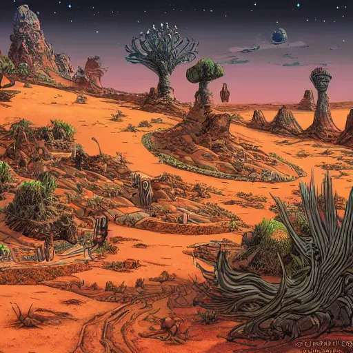 Image similar to porcelain fort, alien desert, multiple suns, lush desert flora, some riders off in the distance, wide angle, late afternoon, 4 k, illustrated by moebius, highly highly highly detailed, saturated