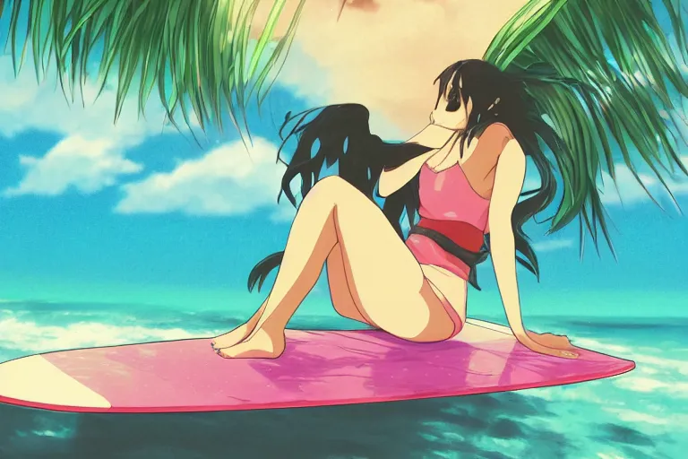 Image similar to anime woman sitting on surf board, tropical island, night time, wide angle, by studio ghibli, yuumei, anime, hazy, foggy, ambient lighting, cottagecore,