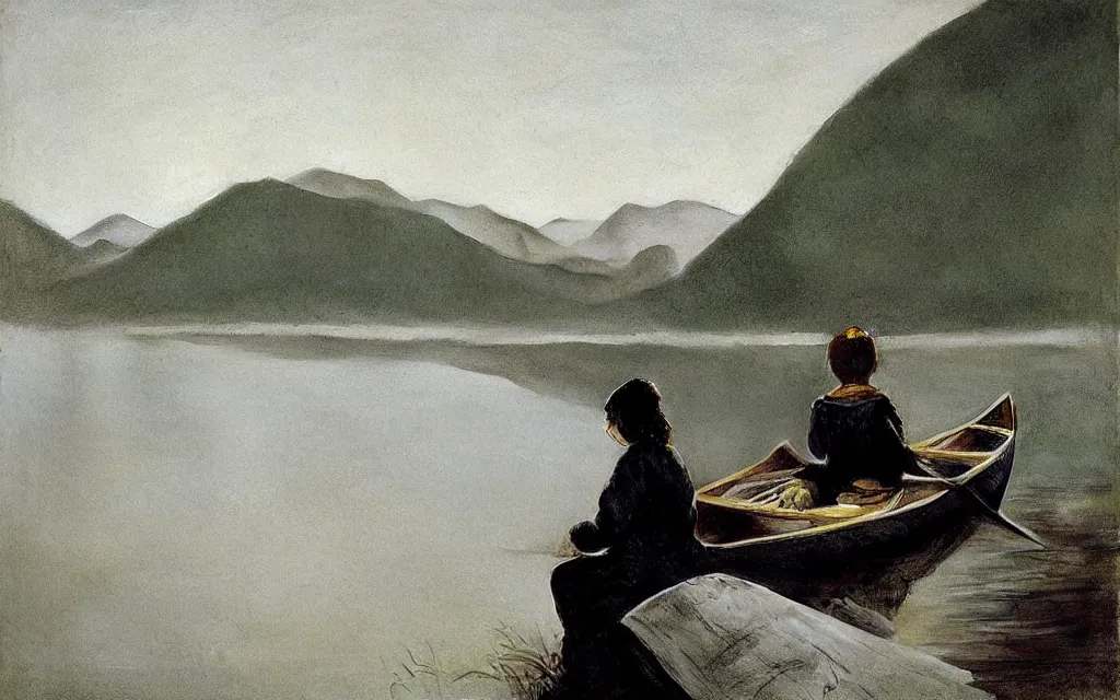 Image similar to “ a girl sitting in canoe on a river drinking beer, mountains in fog background, by andrew wyeth ”