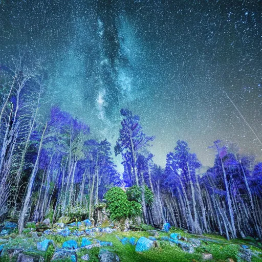 Image similar to the ruins of a village made out of stone in a forest of blue trees at night, a night sky filled with stars