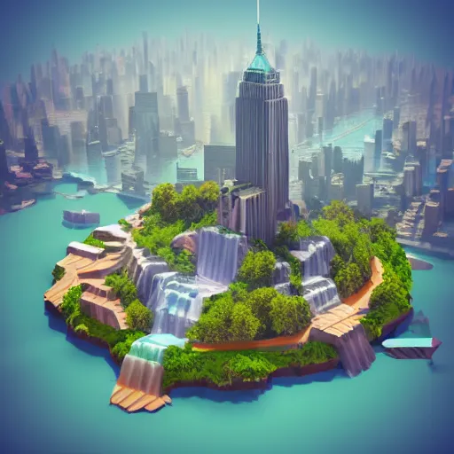 Image similar to new york city on a floating island in the sky, low poly art, isometric art, 3d render, ray tracing, waterfall, high detail, artstation, concept art, behance, smooth, sharp focus, ethereal lighting