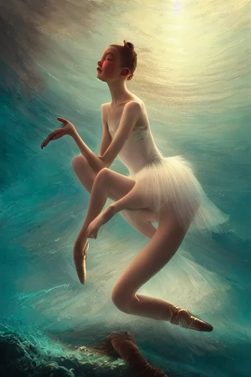 Image similar to stunningly beautiful, ballerina at the bottom of the great barrier reef, smooth, focus, highly detailed, hyper realistic, dramatic lighting, intricate, concept art, art by wlop