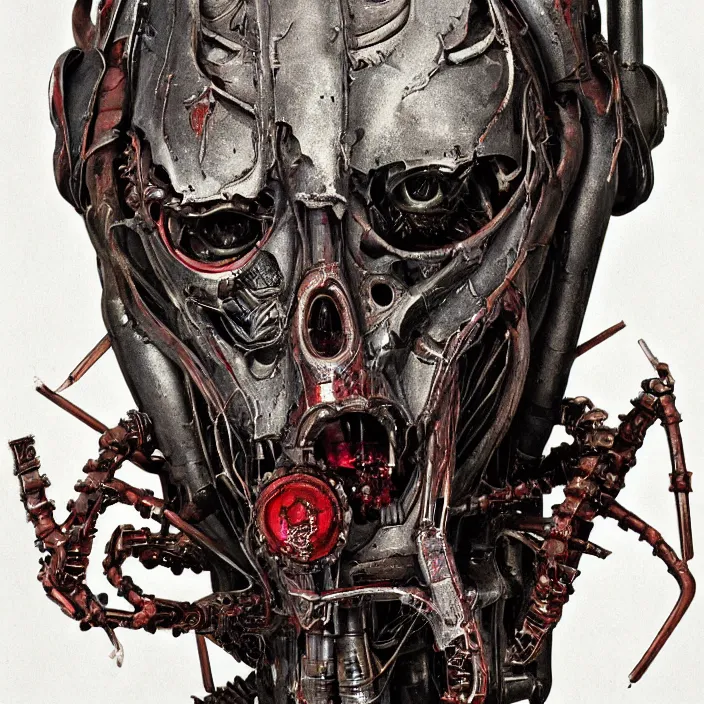 Prompt: in the art style of H.R. Giger a portrait of an evil, demented, battle-damaged ruby Ultron from Age of Ultron, clockwork steampunk, head and chest only, by Beksinski, 4k, deviantart, trending on artstation, bio-chemical, bionic, fiber-optics, wires, electrical, short circuit, robocop, terminator, t-800, T-1000, endoskeleton, steampunk