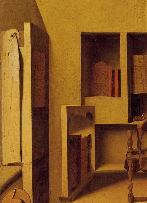 Image similar to bookshelf with books and children toys, medieval painting by jan van eyck, johannes vermeer, florence