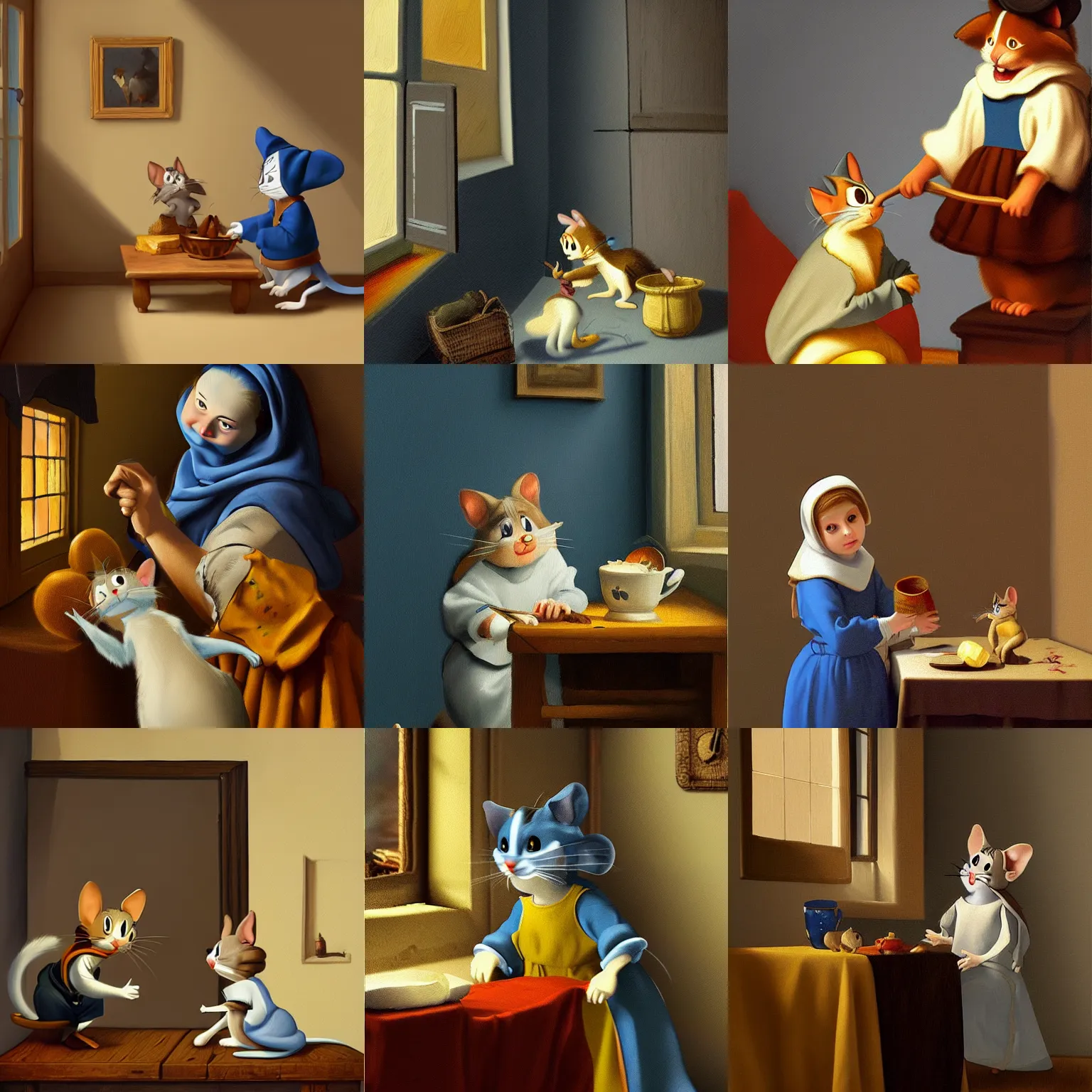 Prompt: Tom and Jerry in the style of Vermeer, highly detailed, digital painting, artstation, concept art