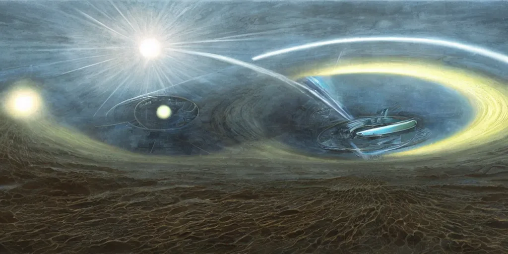 Image similar to Artwork by John Howe of the cinematic view of the Proton Disturbance Ring.