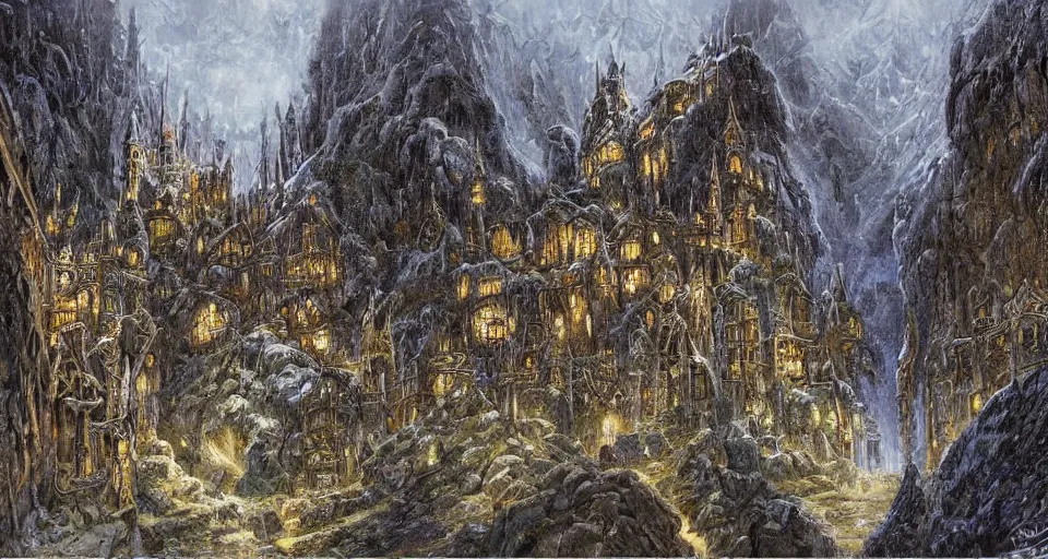 Prompt: Masterfully drawn mspaint art piece of middle-earth's 'Mines of Moria' by James Gurney. Amazing beautiful incredible wow awe-inspiring fantastic masterpiece gorgeous fascinating glorious great.