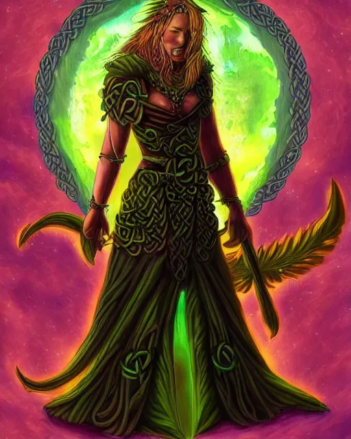 Image similar to celtic scifi druid of the highlands, wearing a lovely dress. this oil painting by the award - winning mangaka has an interesting color scheme and impeccable lighting.