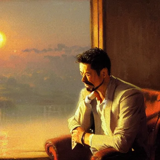 Prompt: detailed oil painting of tony stark wiping his glasses, sitting in an armchair in a room with the setting sun, by thomas kinkade, rembrandt, golden hour