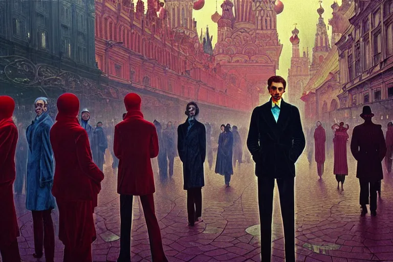 Image similar to realistic detailed photorealistic film portrait shot of a single skeleton wearing crimson velvet blazer in a crowded futuristic moscow street by Denis Villeneuve, Amano, Yves Tanguy, Alphonse Mucha, Ernst Haeckel, Andrei Tarkovsky, Edward Robert Hughes, Roger Dean, rich moody colours, wide angle, blue eyes