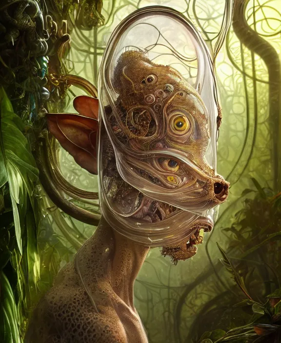 Image similar to intricate ornate opulent transparent clear see - through portrait of a terrifying beautiful male alien rat, mottled coloring, adorable, childlike, overgrown jungle environment, ultra realistic, concept art, art nouveau, photorealistic, octane render, 8 k, unreal engine. art by christopher marley and artgerm and greg rutkowski and alphonse mucha